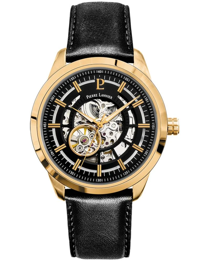 Montre Pierre Lannier - Automatique Homme AUTOMATIC Doré Cadran Noir Bracelet Cuir Noir 22MM - 326C033