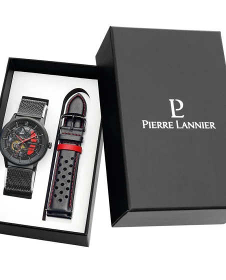 Montre Pierre Lannier - Coffret Homme PADDOCK Noir Cadran Noir Bracelet Cuir perforé Noir 22MM - 385C439