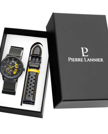 Montre Pierre Lannier - Coffret Homme PADDOCK Noir Cadran Noir Bracelet Cuir perforé Noir 22MM - 385C449