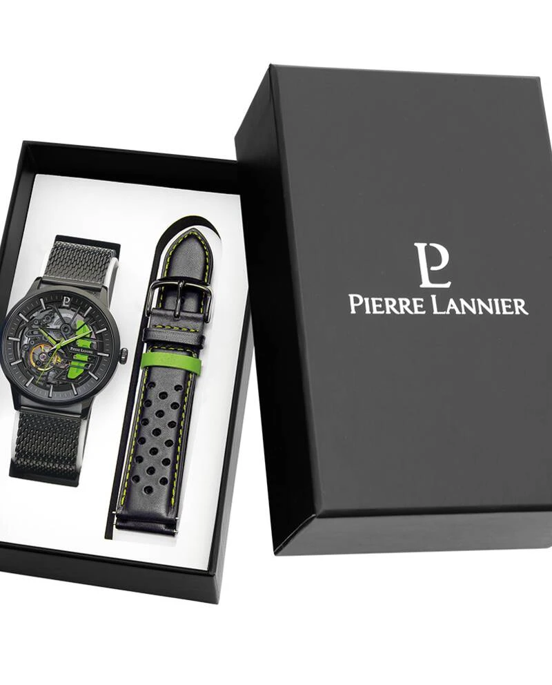 Montre Pierre Lannier - Coffret Homme PADDOCK Noir Cadran Noir Bracelet Cuir perforé Noir 22MM - 385C479