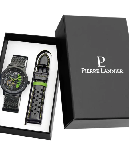 Montre Pierre Lannier - Coffret Homme PADDOCK Noir Cadran Noir Bracelet Cuir perforé Noir 22MM - 385C479
