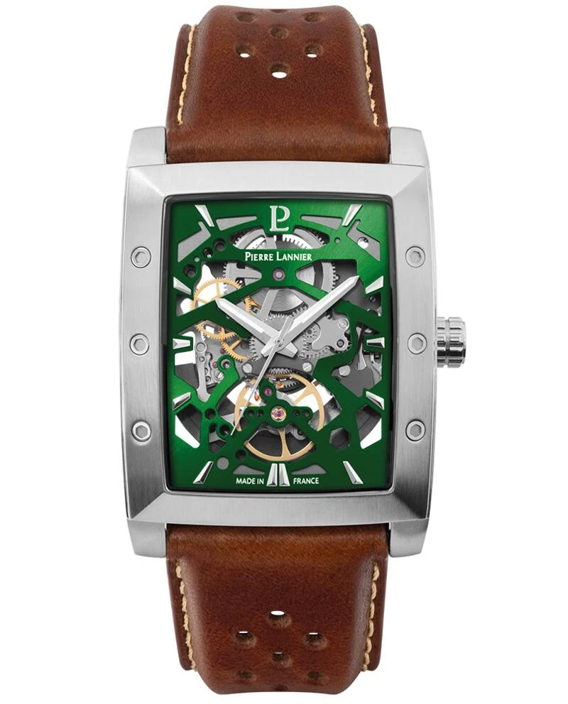 Montre Pierre Lannier - Automatique Homme HECTOR Argenté Cadran Soleillé Vert Bracelet Cuir Brun 26MM - 342A174