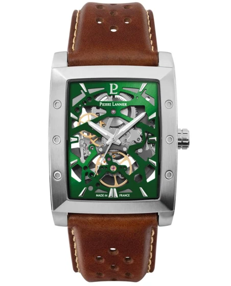 Montre Pierre Lannier - Automatique Homme HECTOR Argenté Cadran Soleillé Vert Bracelet Cuir Brun 26MM - 342A174