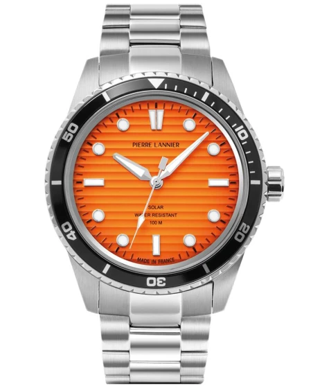 Montre Pierre Lannier - Solaire Homme INTI Argenté Cadran Fumé Orange Bracelet Acier Argenté 22MM - 244H151