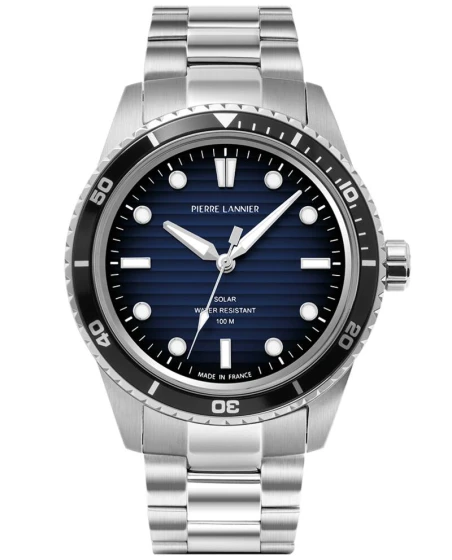 Montre Pierre Lannier - Solaire Homme INTI Argenté Cadran Fumé Bleu Bracelet Acier Argenté 22MM - 244H161