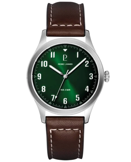 Montre Pierre Lannier - Quartz Homme AVIATEUR Argenté Cadran Soleillé Vert Bracelet Cuir Brun 20MM - 260G174
