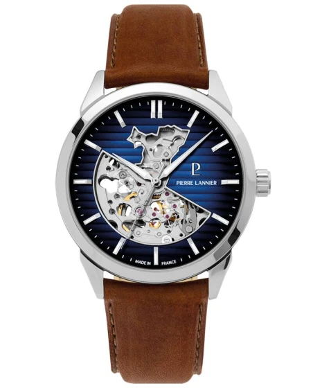 Montre Pierre Lannier - Automatique Homme MONARCK Argenté Cadran Alsace Bleu Bracelet Cuir Brun 22MM - 315D164