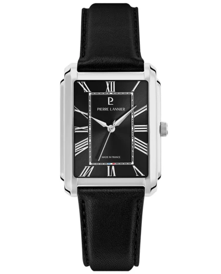 Montre Pierre Lannier - Quartz Homme EMPIRE Argenté Cadran Soleillé Noir Bracelet Cuir Noir 20MM - 212G133