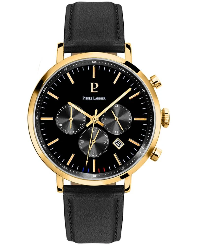 Montre Pierre Lannier - Quartz Homme BARON Doré Cadran Noir Bracelet Cuir Noir 20MM - 222G033