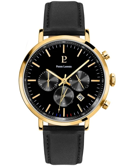 Montre Pierre Lannier - Quartz Homme BARON Doré Cadran Noir Bracelet Cuir Noir 20MM - 222G033