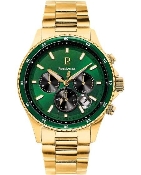 Montre Pierre Lannier - Quartz Homme CRONOS Doré Cadran Soleillé Vert Bracelet Acier Doré 22MM - 228J062