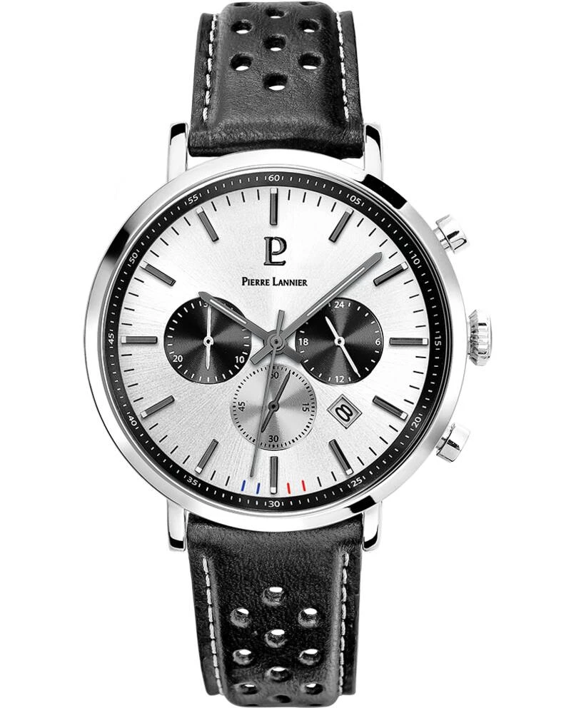 Montre Pierre Lannier - Quartz Homme BARON Argenté Cadran Soleillé Argenté Bracelet Cuir perforé Noir 20MM - 219G123