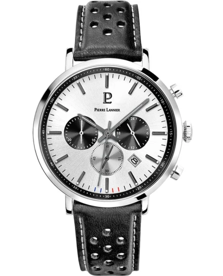 Montre Pierre Lannier - Quartz Homme BARON Argenté Cadran Soleillé Argenté Bracelet Cuir perforé Noir 20MM - 219G123