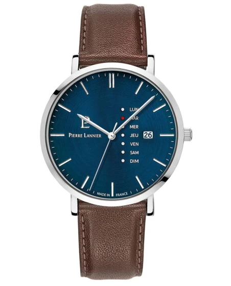 Montre Pierre Lannier - Quartz Homme DATA Argenté Cadran Bleu Bracelet Cuir Brun 20MM - 242D164