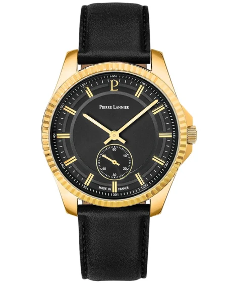 Montre Pierre Lannier - Quartz Homme METROPOLITAIN Doré Cadran Soleillé Noir Bracelet Cuir Noir 20MM - 247H033