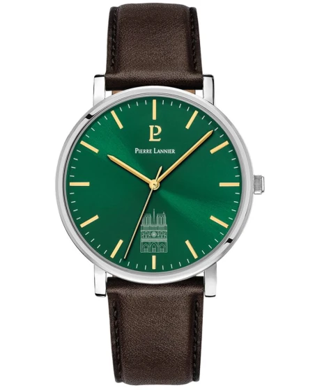 Montre Pierre Lannier - Quartz Homme COEUR BATTANT Argenté Cadran Soleillé Vert Bracelet Cuir Brun 20MM - 298D174