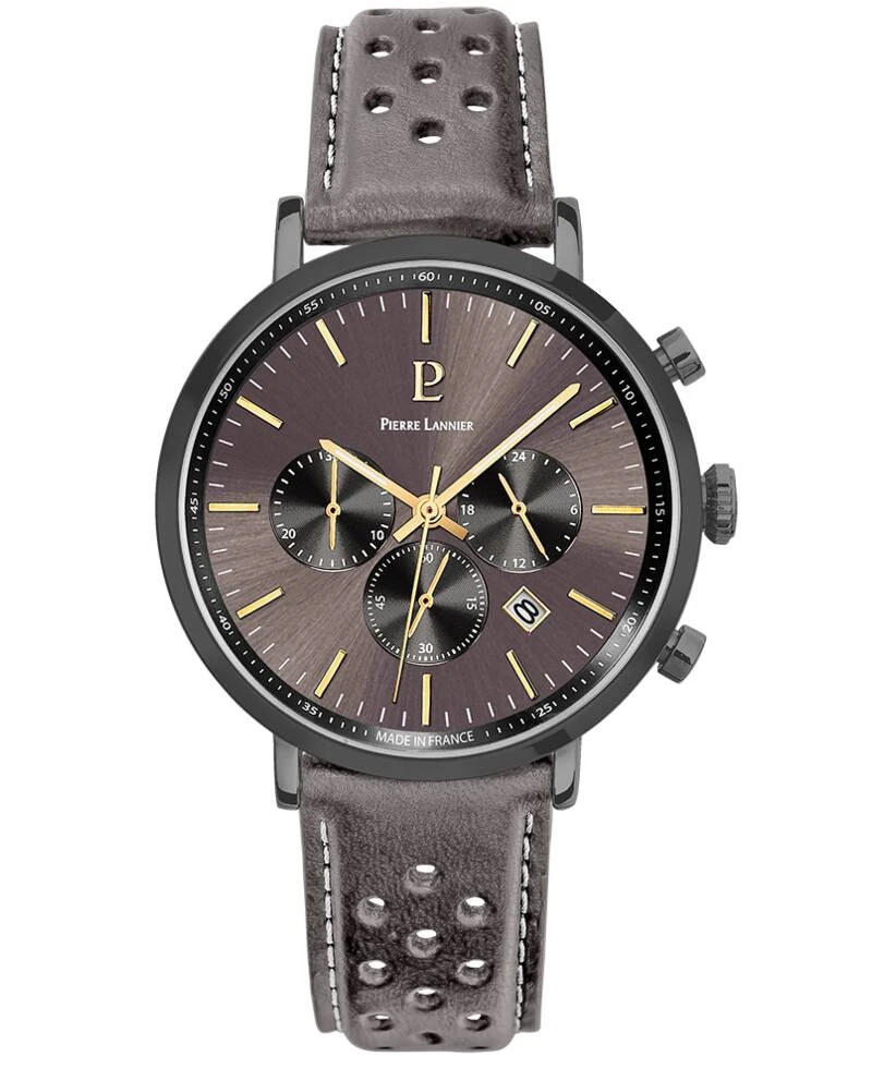 Montre Pierre Lannier - Quartz Homme BARON Gris Cadran Soleillé Gris Bracelet Cuir perforé Gris 20MM - 220H490