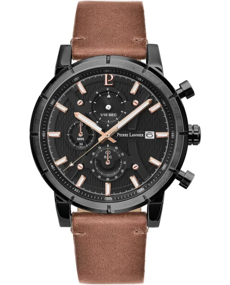 Montre Pierre Lannier - Quartz Homme CRITERIUM Noir Cadran Noir Bracelet Cuir Brun 22MM - 224H434