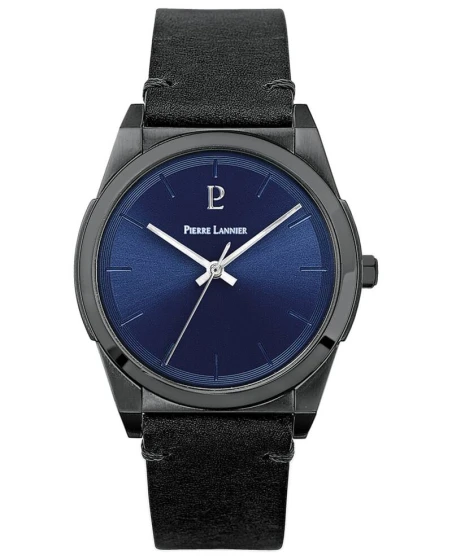 Montre Pierre Lannier - Quartz Homme CANDIDE Noir Cadran Soleillé Bleu Bracelet Cuir Noir 20MM - 214K463