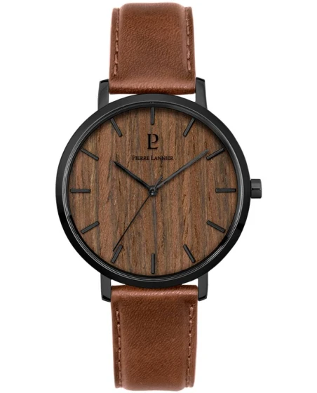 Montre Pierre Lannier - Quartz Homme NATURE Noir Cadran Bois Brun Bracelet Cuir Brun 18MM - 241D384