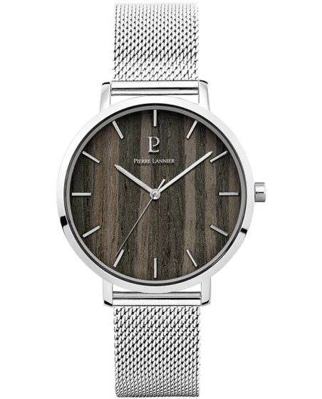 Montre Pierre Lannier - Quartz Homme NATURE Argenté Cadran Bois Noir Bracelet Acier milanais Argenté 18MM - 240H188