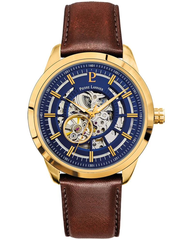 Montre Pierre Lannier - Automatique Homme AUTOMATIC Doré Cadran Soleillé Bleu Bracelet Cuir Brun 22MM - 326C064