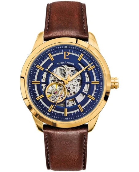 Montre Pierre Lannier - Automatique Homme AUTOMATIC Doré Cadran Soleillé Bleu Bracelet Cuir Brun 22MM - 326C064