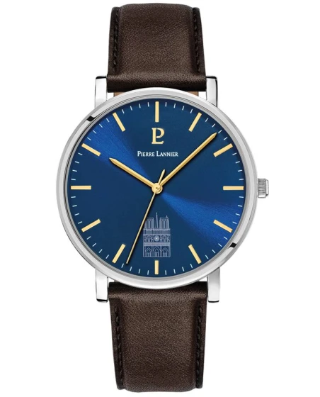 Montre Pierre Lannier - Quartz Homme COEUR BATTANT Argenté Cadran Soleillé Bleu Bracelet Cuir Brun 20MM - 298D164