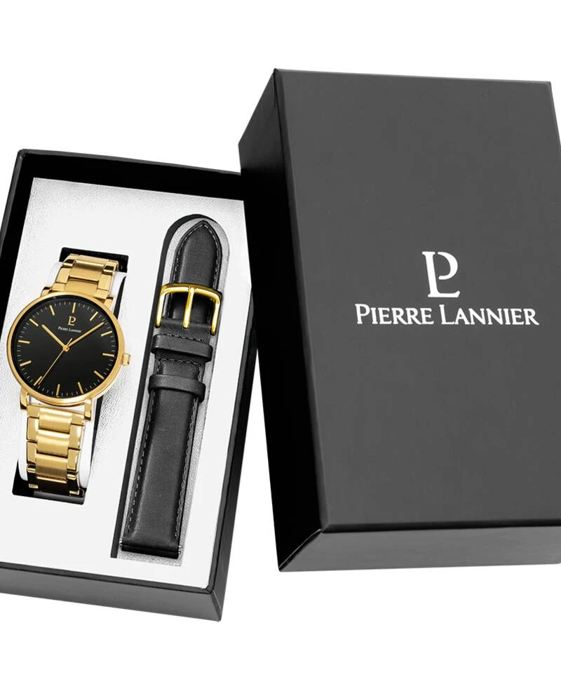 Montre Pierre Lannier - Coffret Homme ESSENTIAL Doré Cadran Noir Bracelet Cuir Noir 20MM - 389C032