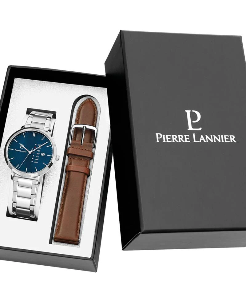 Montre Pierre Lannier - Coffret Homme DATA Argenté Cadran Bleu Bracelet Cuir Brun 20MM - 392C161