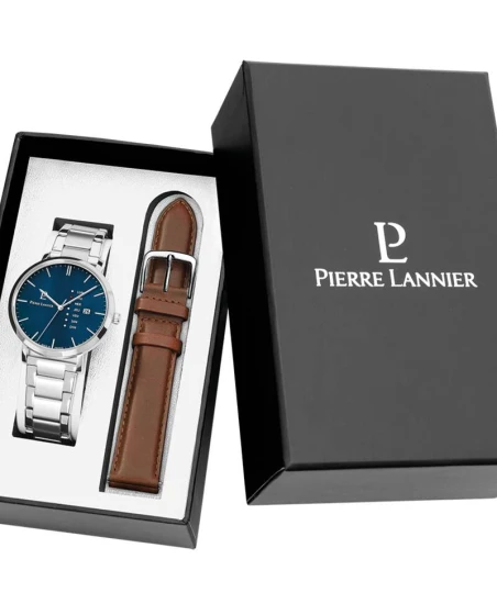 Montre Pierre Lannier - Coffret Homme DATA Argenté Cadran Bleu Bracelet Cuir Brun 20MM - 392C161