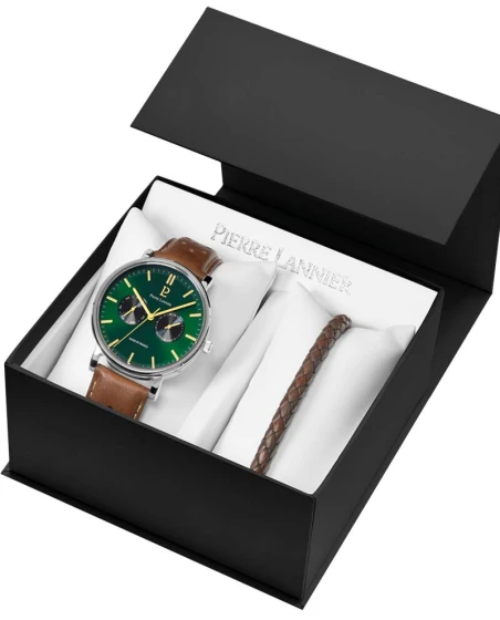 Montre Pierre Lannier - Coffret Homme ESSENTIAL Argenté Cadran Vert Bracelet Cuir perforé Brun 20 MM - 387D174