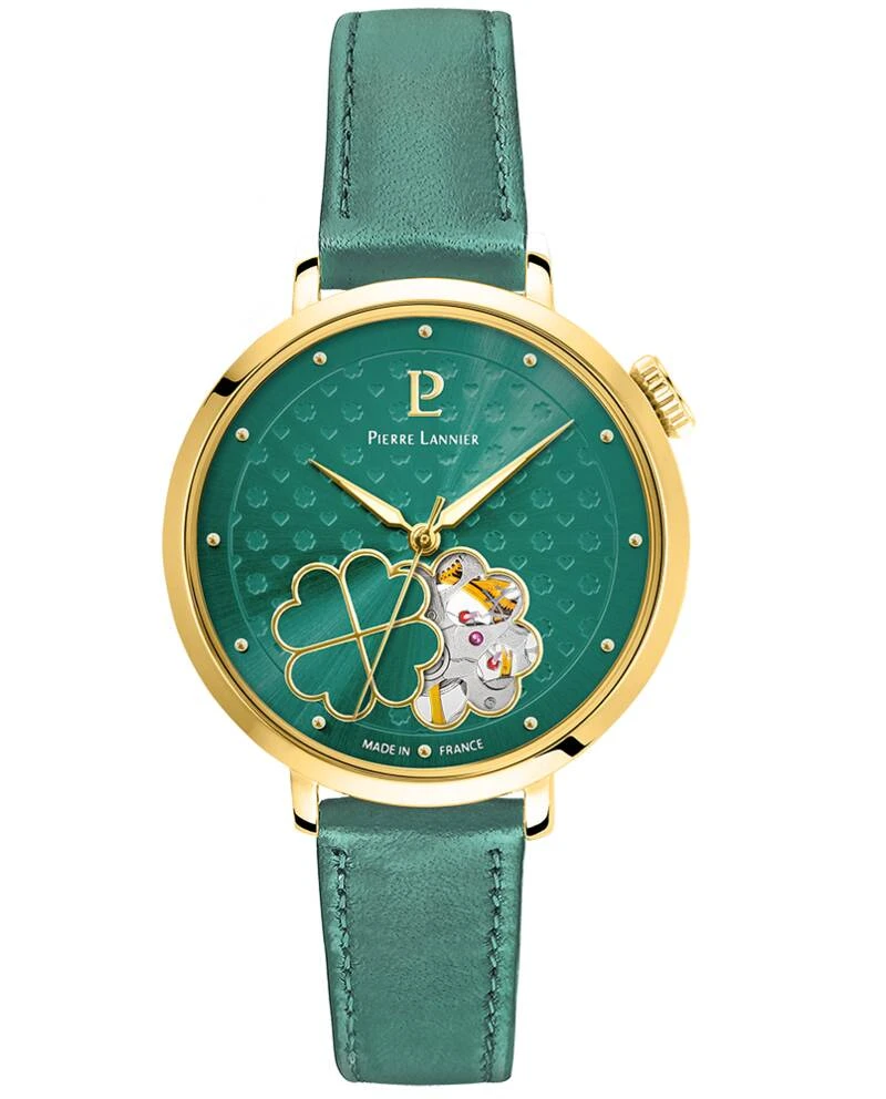 Montre Pierre Lannier - Automatique Femme ESPERANCE Doré Cadran Soleillé Vert Bracelet Cuir Vert 14MM - 147K577