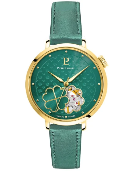 Montre Pierre Lannier - Automatique Femme ESPERANCE Doré Cadran Soleillé Vert Bracelet Cuir Vert 14MM - 147K577