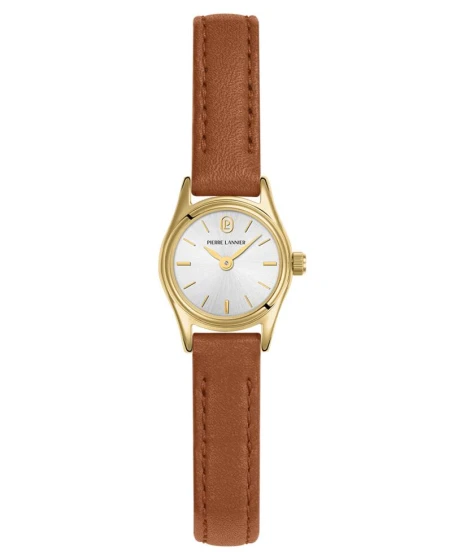 Montre Pierre Lannier - Quartz Femme PYA Doré Cadran Soleillé Argenté Bracelet Cuir Brun 10MM - 091M524