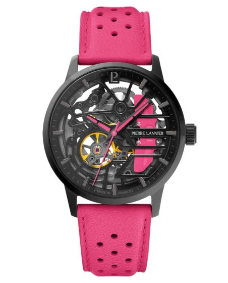 Montre Pierre Lannier - Automatique Femme PADDOCK Noir Cadran Noir Bracelet Cuir Rose 20MM - 145G895