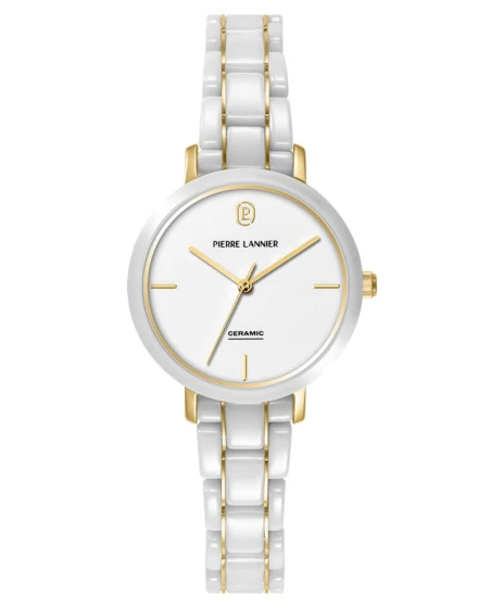 Montre Pierre Lannier - Quartz Femme CHOUQUETTE Doré Cadran Blanc Bracelet Acier céramique Blanc 12MM - 025Q809