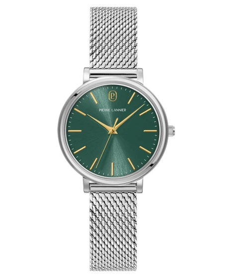 Montre Pierre Lannier - Quartz Femme ESSENTIAL Argenté Cadran Soleillé Vert Bracelet Acier milanais Argenté 14MM - 086L671