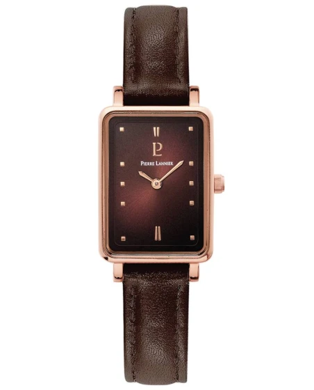 Montre Pierre Lannier - Quartz Femme ARIANE Doré-rose Cadran Soleillé Chocolat Bracelet Cuir Chocolat 12MM - 050K984