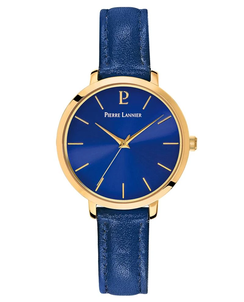 Montre Pierre Lannier - Quartz Femme CHOUQUETTE Doré Cadran Soleillé Bleu Bracelet Cuir Bleu 12MM - 038J566