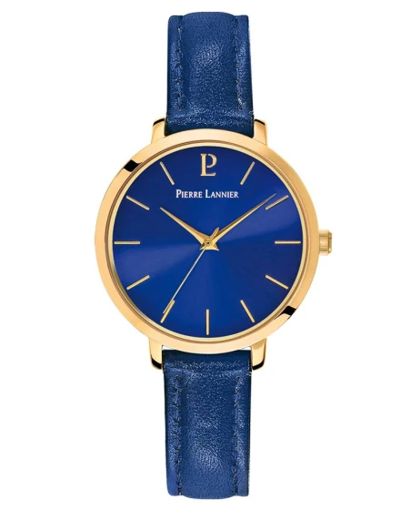 Montre Pierre Lannier - Quartz Femme CHOUQUETTE Doré Cadran Soleillé Bleu Bracelet Cuir Bleu 12MM - 038J566