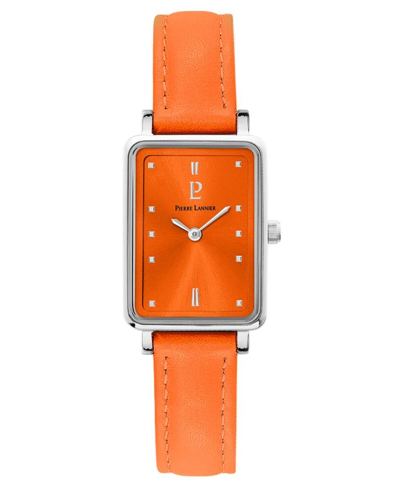 Montre Pierre Lannier - Quartz Femme ARIANE Argenté Cadran Soleillé Orange Bracelet Cuir Orange 12MM - 049D655