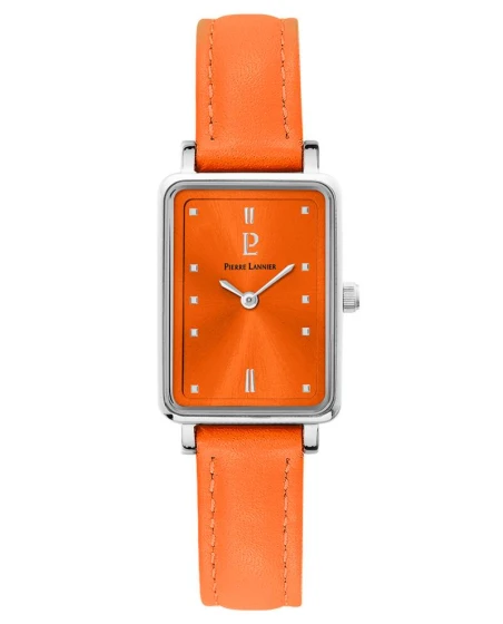 Montre Pierre Lannier - Quartz Femme ARIANE Argenté Cadran Soleillé Orange Bracelet Cuir Orange 12MM - 049D655