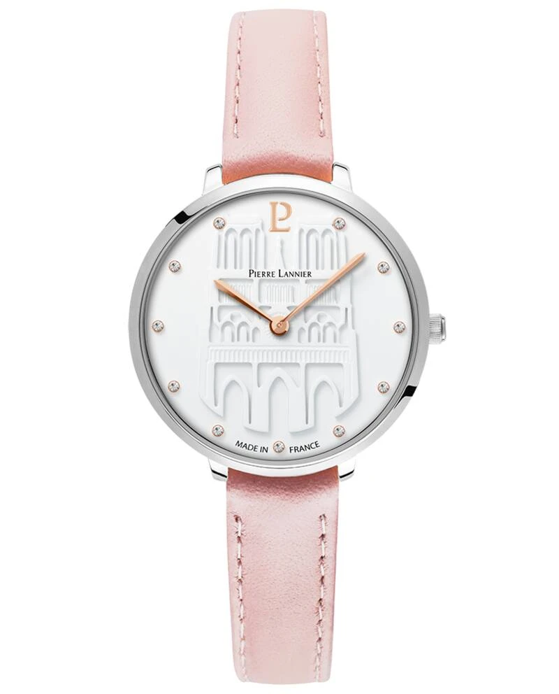 Montre Pierre Lannier - Quartz Femme COEUR BATTANT Argenté Cadran Blanc Bracelet Cuir Rose 12MM - 095N605