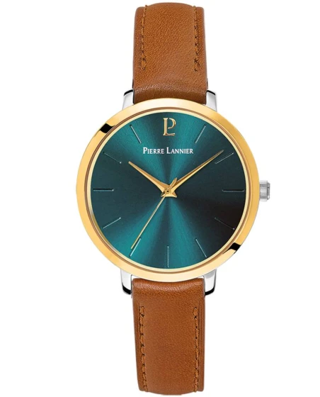 Montre Pierre Lannier - Quartz Femme CHOUQUETTE Argenté Cadran Soleillé Vert Bracelet Cuir Brun 12MM - 046H774