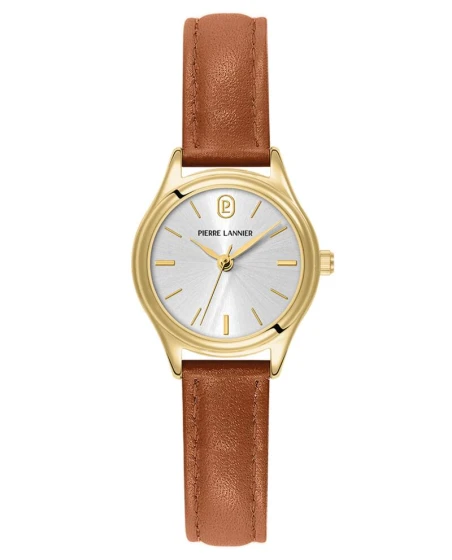 Montre Pierre Lannier - Quartz Femme PYA Doré Cadran Soleillé Argenté Bracelet Cuir Brun 12MM - 021K524