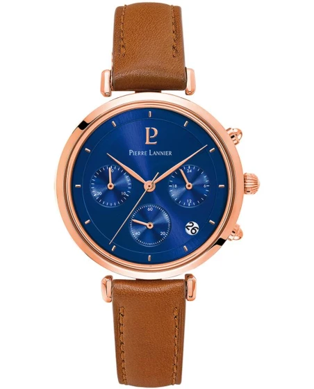Montre Pierre Lannier - Quartz Femme LUTECIA Doré-rose Cadran Soleillé Bleu Bracelet Cuir Brun 14MM - 083J964