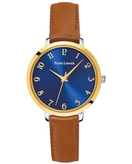 Montre Pierre Lannier - Quartz Femme CHOUQUETTE Argenté Cadran Soleillé Bleu Bracelet Cuir Brun 12MM - 046H764