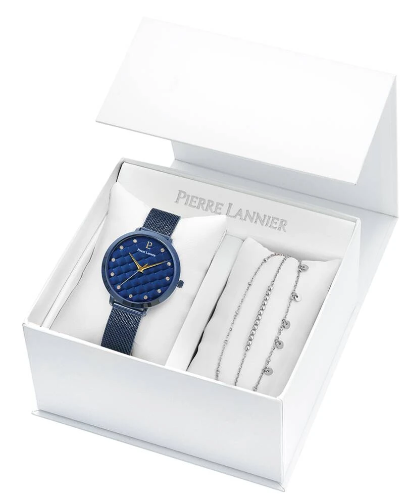 Montre Pierre Lannier - Coffret Femme GRACE Cadran Bleu Bracelet Acier milanais Bleu - 353H869