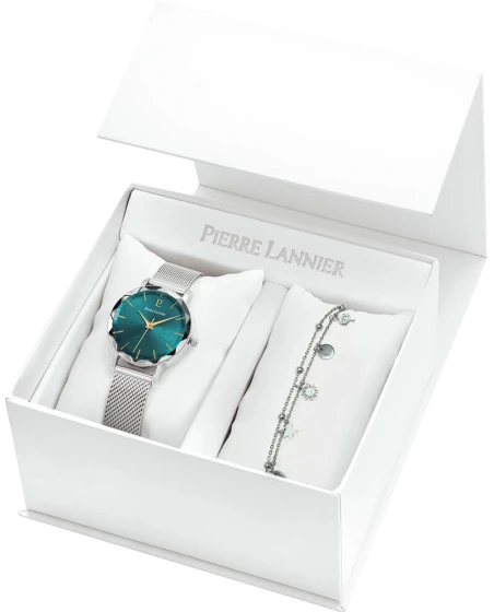 Montre Pierre Lannier - Coffret Femme MULTIPLES Argenté Cadran Soleillé Vert Bracelet Acier milanais Argenté 14MM - 179F671